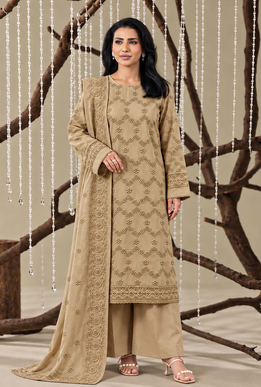 Skin Embroidered Dhanak Chicken Kari 3-Piece Suit – Unstitched