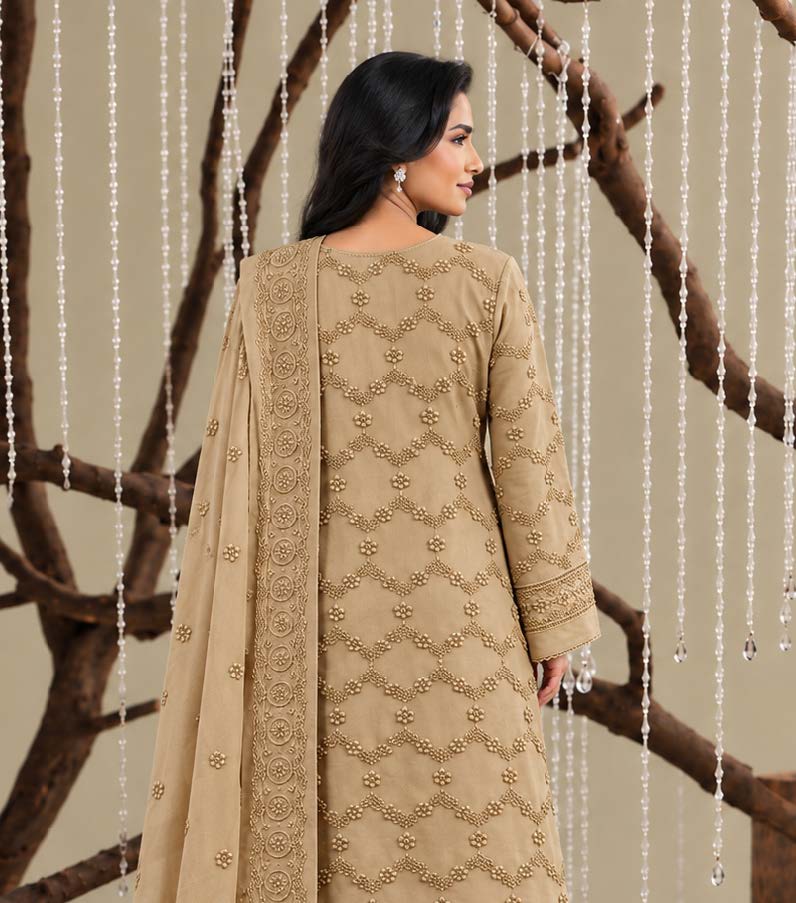 Skin Embroidered Dhanak Chicken Kari 3-Piece Suit – Unstitched