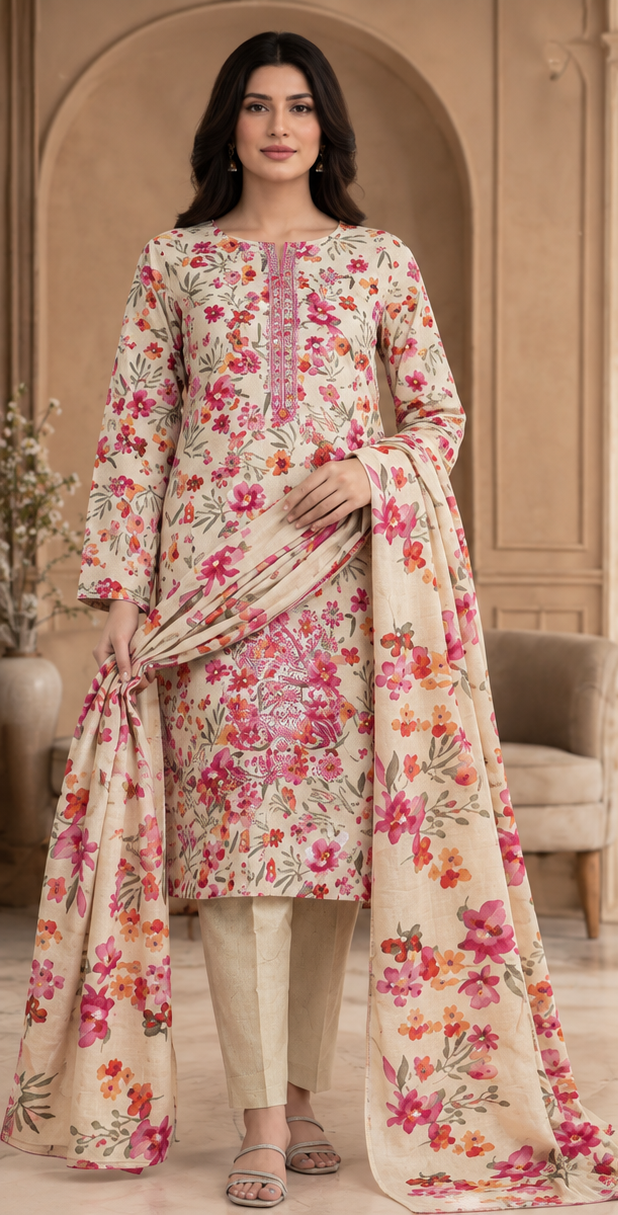 Skin Rose Floral Embroidered Printed Dhanak 3-Piece Suit – Unstitched