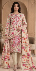 Skin Rose Floral Embroidered Printed Dhanak 3-Piece Suit – Unstitched