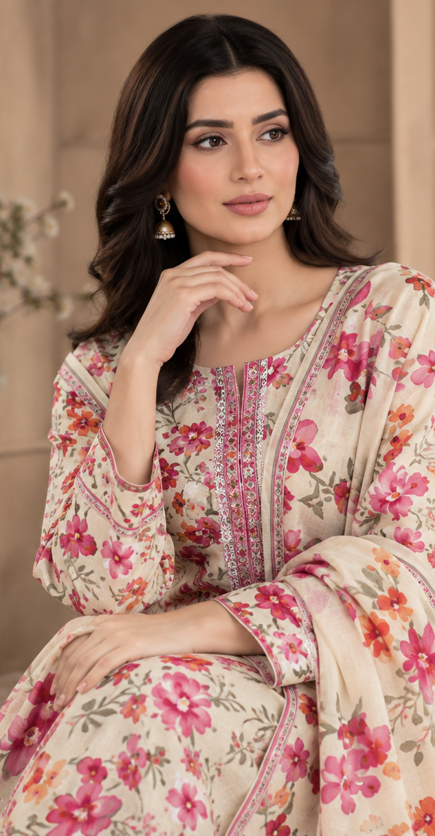 Skin Rose Floral Embroidered Printed Dhanak 3-Piece Suit – Unstitched