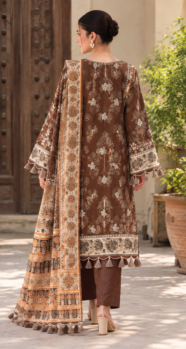 Camel Brown Embroidered Printed Dhanak 3-Piece Suit – Unstitched