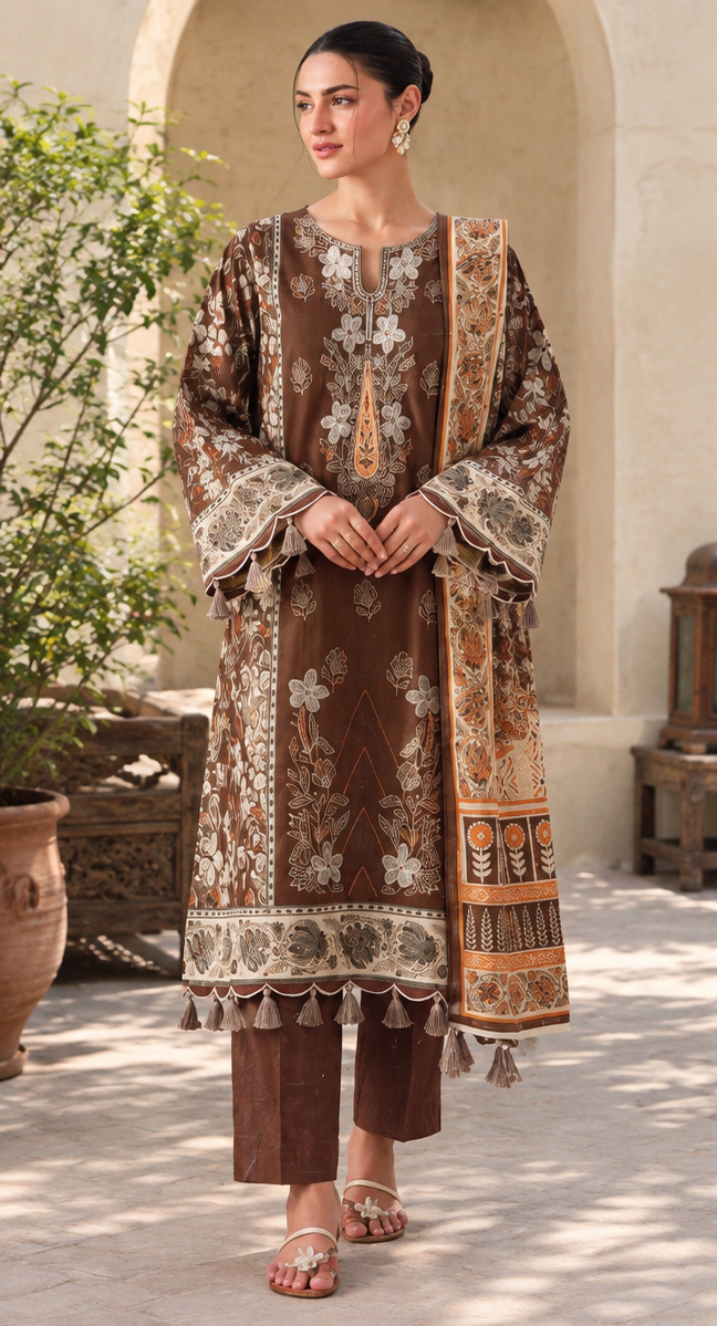 Camel Brown Embroidered Printed Dhanak 3-Piece Suit – Unstitched