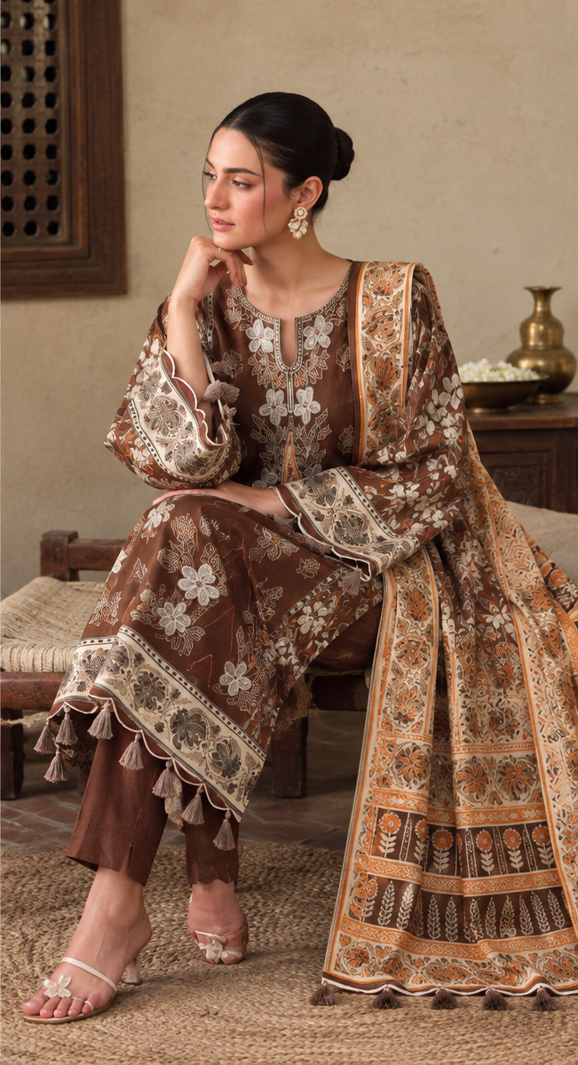 Camel Brown Embroidered Printed Dhanak 3-Piece Suit – Unstitched