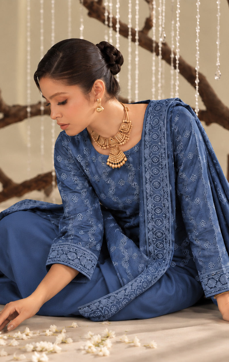 Slate Blue Embroidered Dhanak Chicken Kari 3-Piece Suit – Unstitched