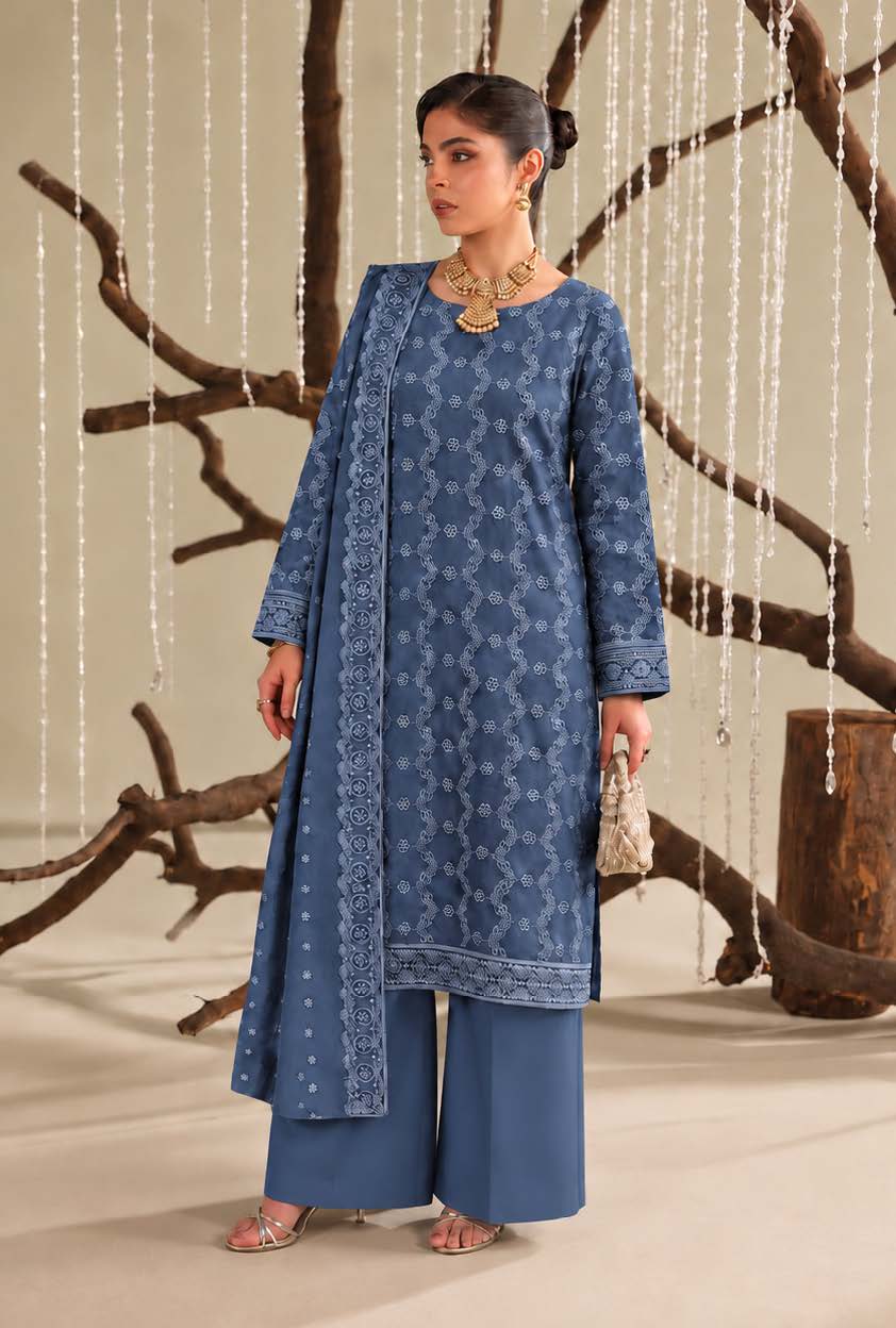 Slate Blue Embroidered Dhanak Chicken Kari 3-Piece Suit – Unstitched