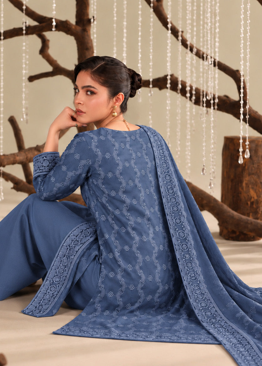 Slate Blue Embroidered Dhanak Chicken Kari 3-Piece Suit – Unstitched