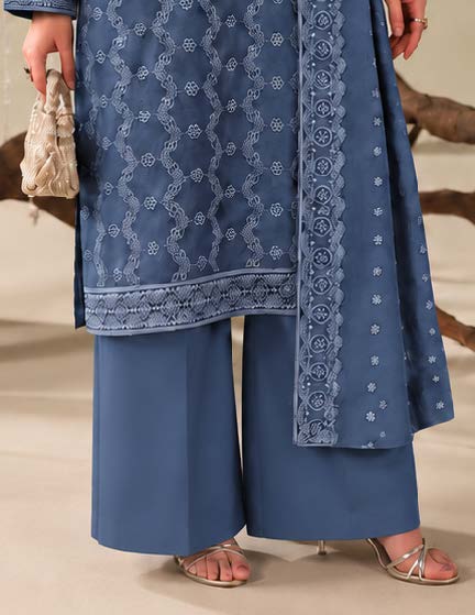 Slate Blue Embroidered Dhanak Chicken Kari 3-Piece Suit – Unstitched