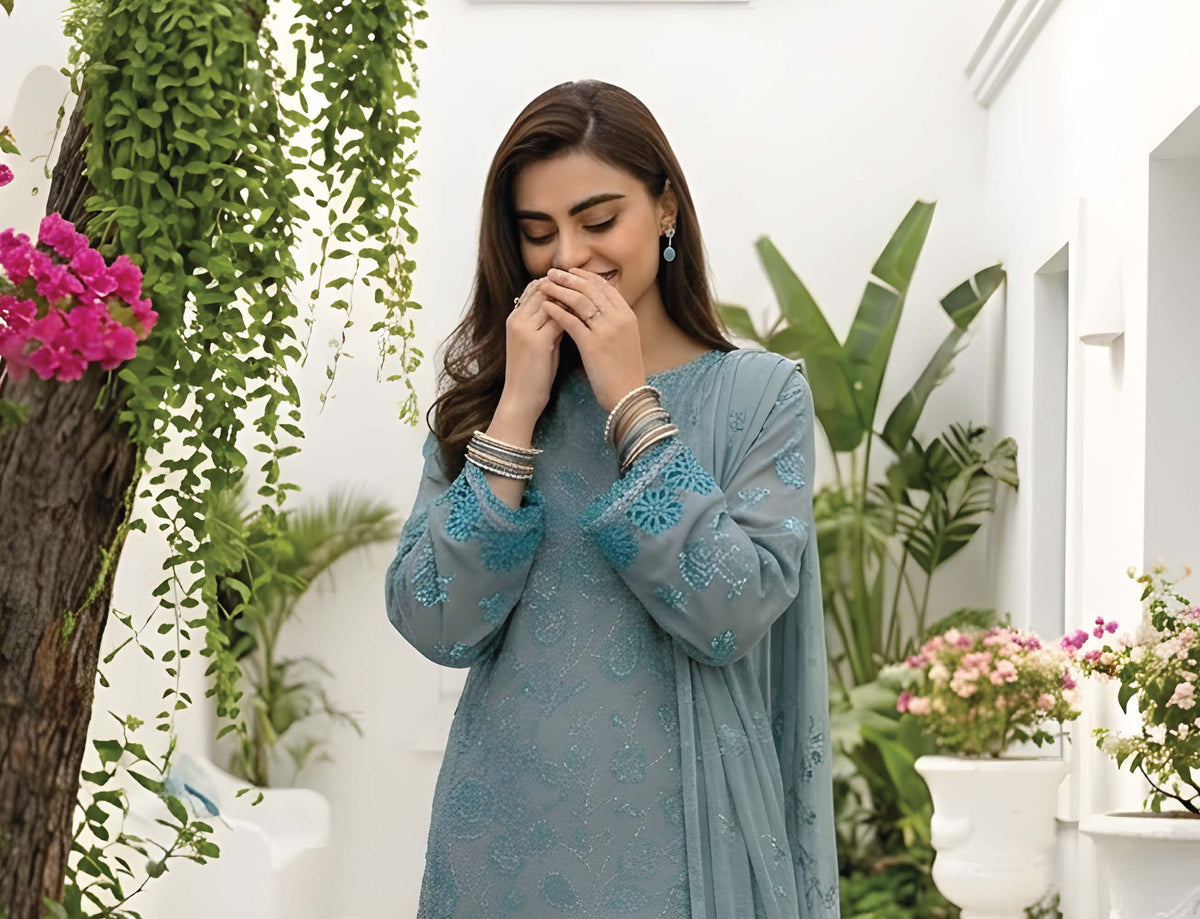 Slate Blue Unstitched Embroidered Lawn Suit 3-Piece