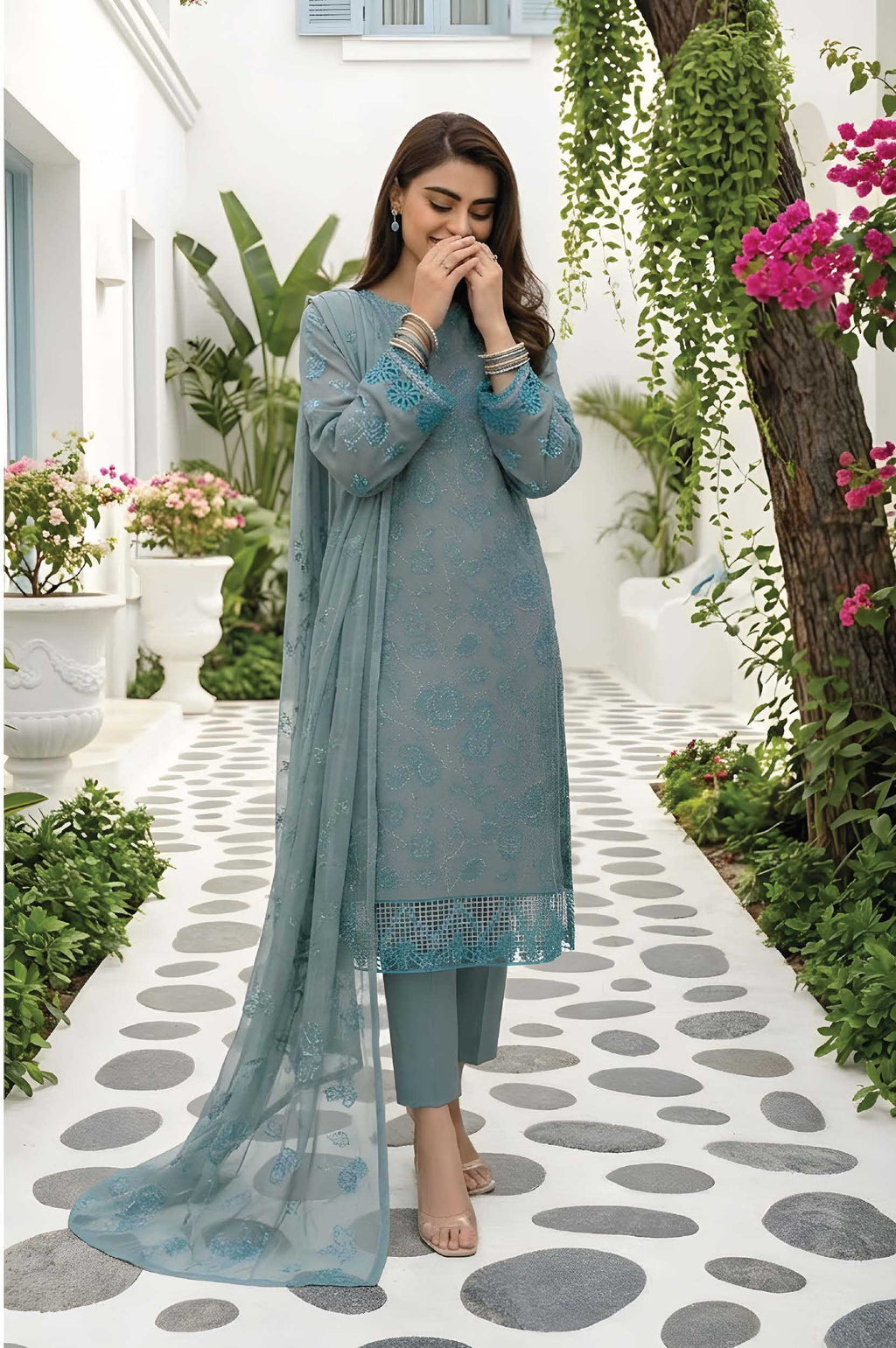 Slate Blue Unstitched Embroidered Lawn Suit 3-Piece