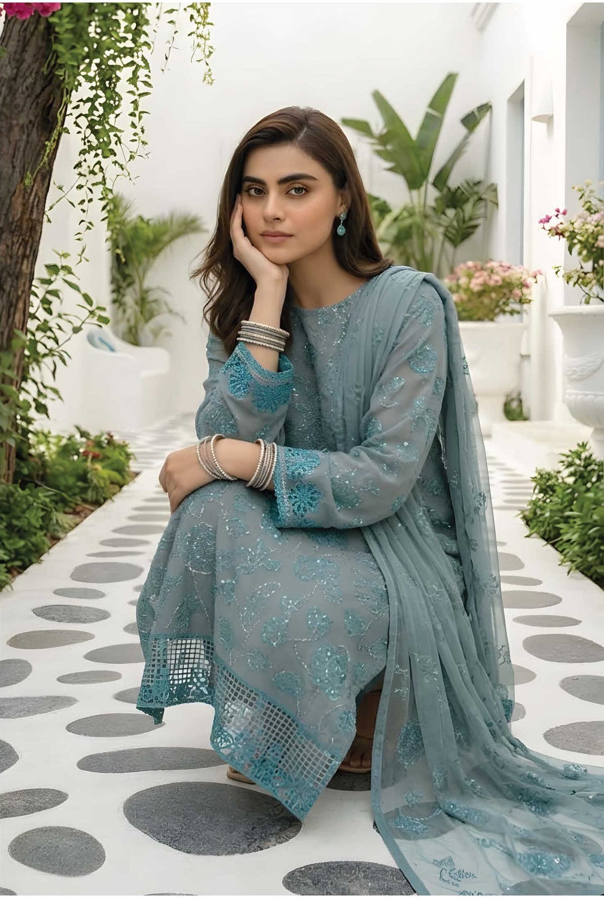Slate Blue Unstitched Embroidered Lawn Suit 3-Piece