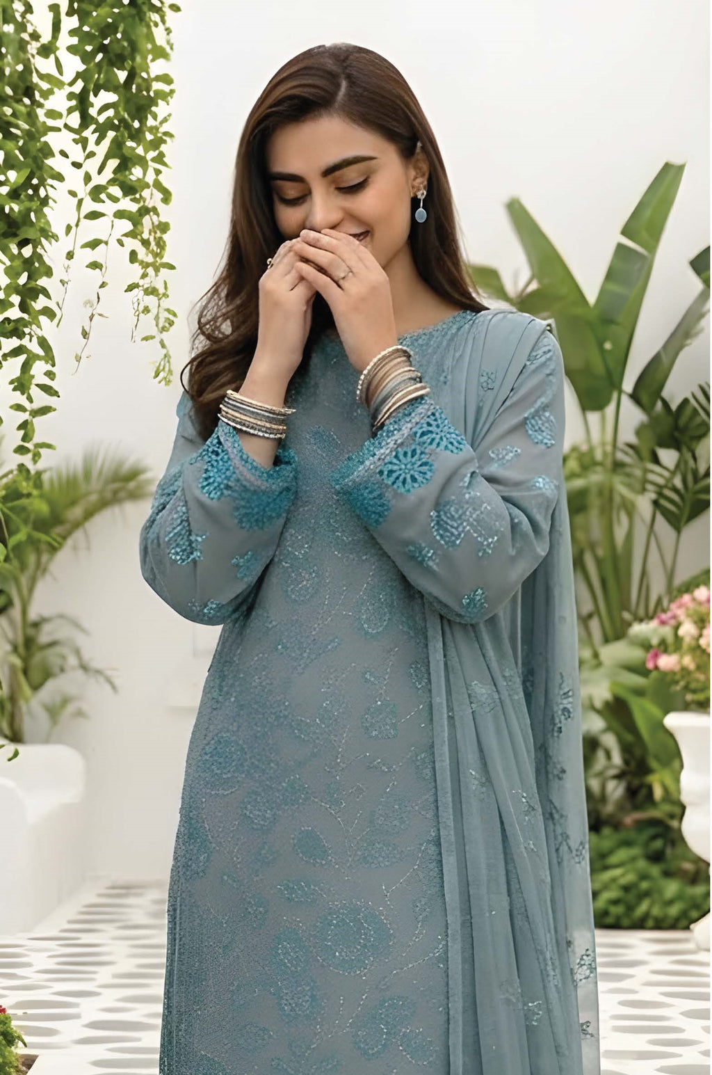 Slate Blue Unstitched Embroidered Lawn Suit 3-Piece