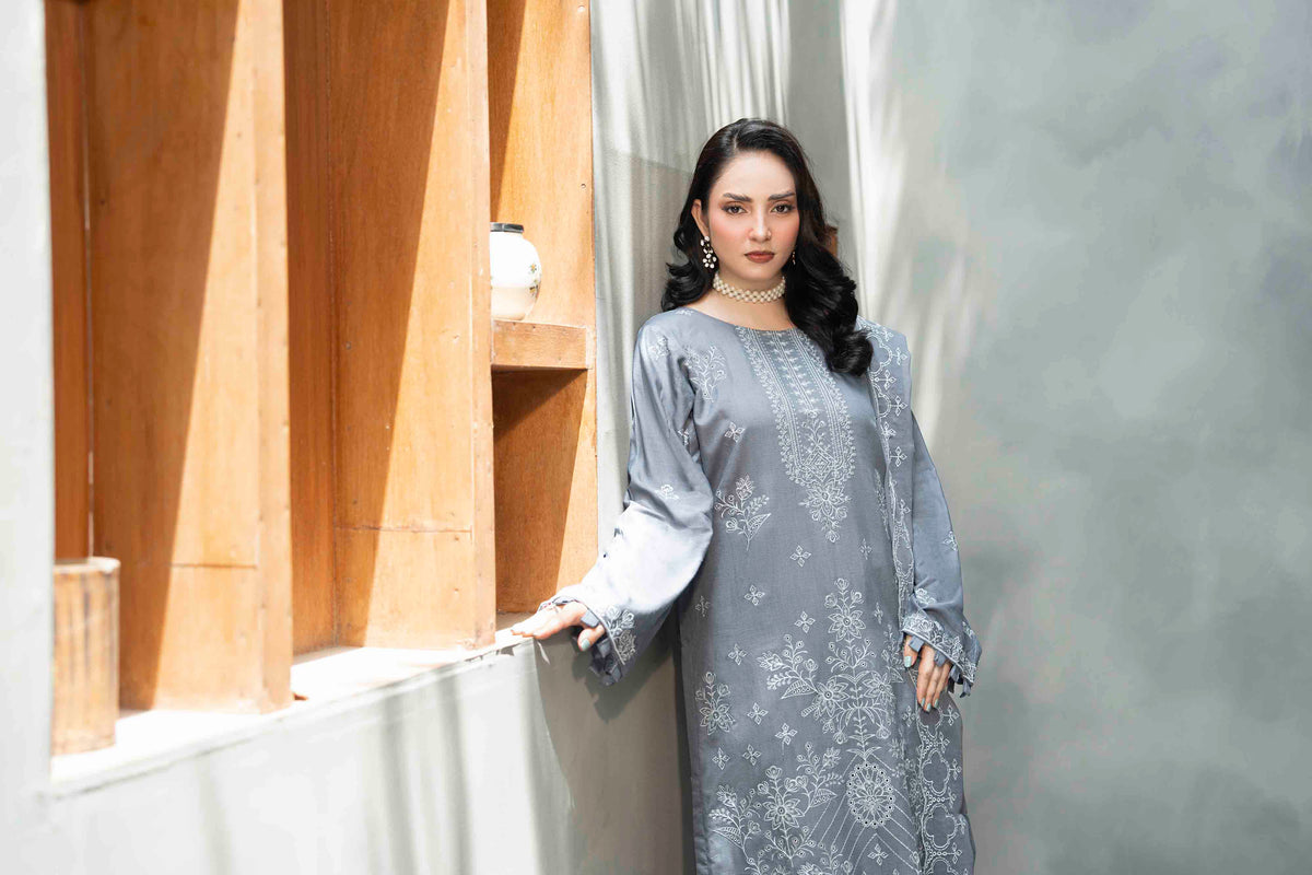 Slate Grey Slub Viscose Suit With Crinkle Dupattal 3-Piece Suit – Unstitched