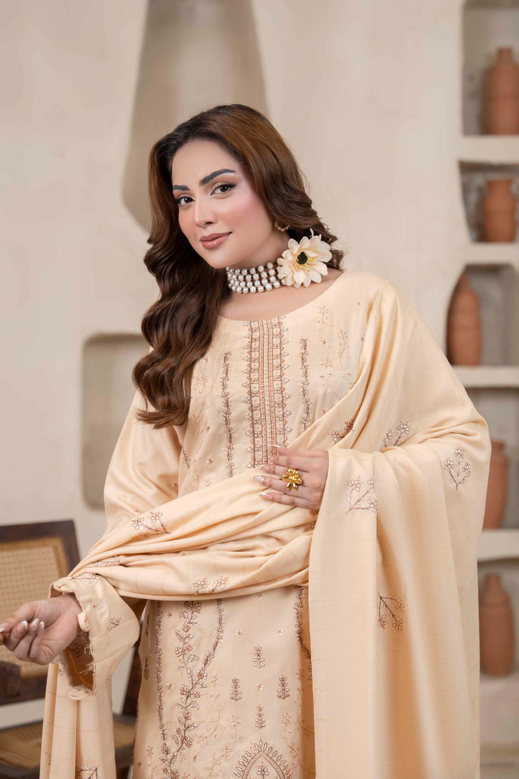 Soft Gold Luxury Dhanak Suit With Velvet Shawl 3-Piece Suit – Unstitched