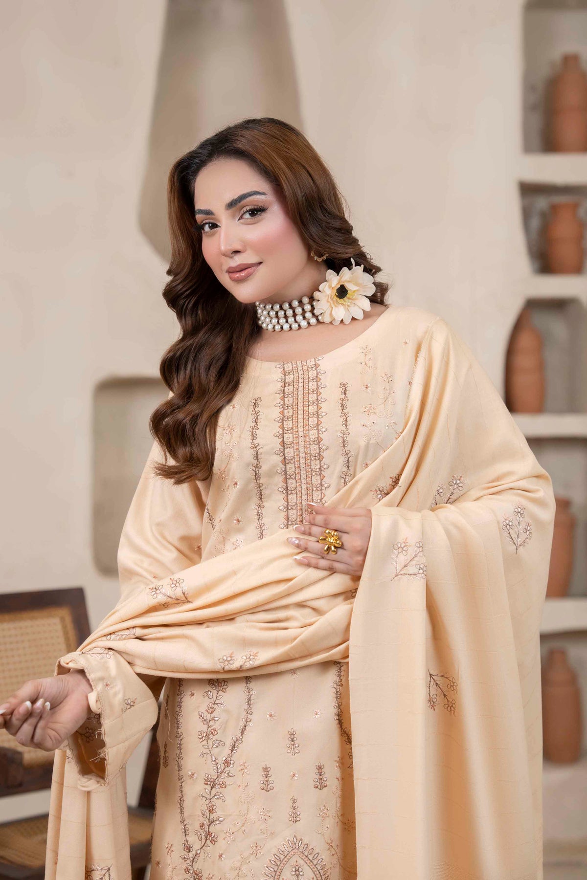 Soft Gold Luxury Dhanak Suit With Velvet Shawl 3-Piece Suit – Unstitched