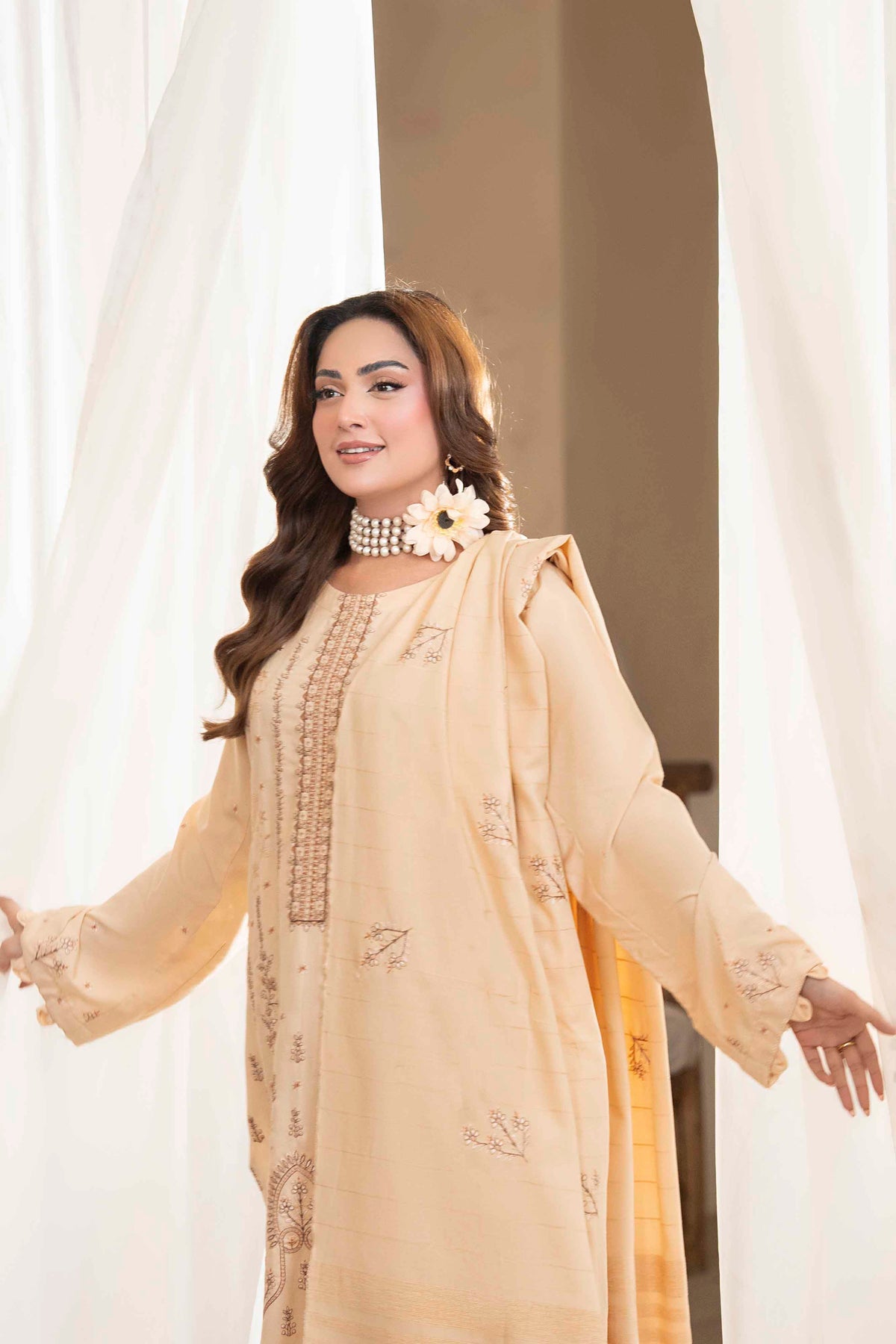 Soft Gold Luxury Dhanak Suit With Velvet Shawl 3-Piece Suit – Unstitched