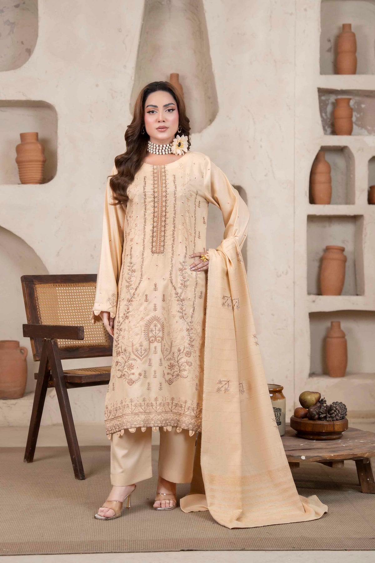 Soft Gold Luxury Dhanak Suit With Velvet Shawl 3-Piece Suit – Unstitched