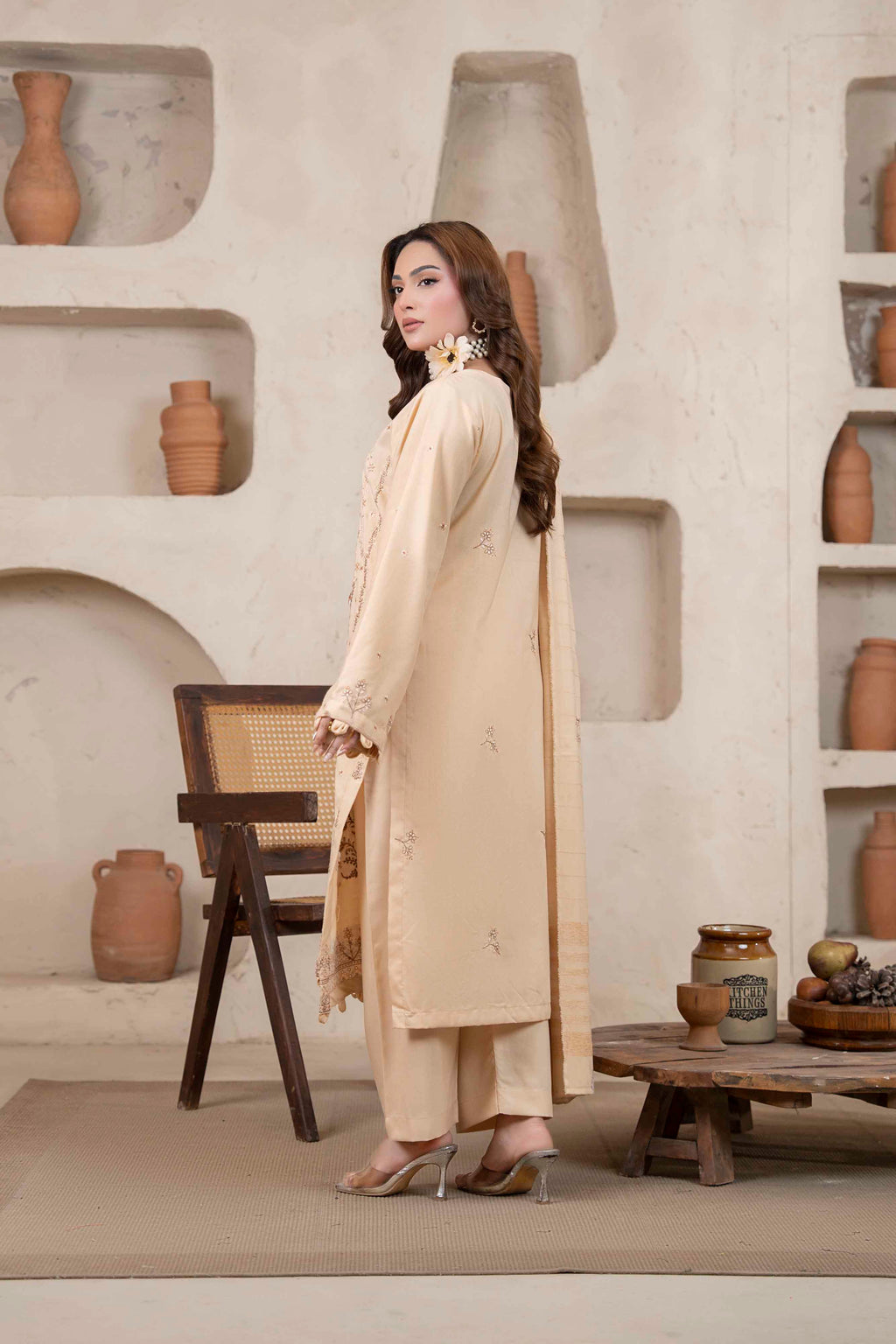 Soft Gold Luxury Dhanak Suit With Velvet Shawl 3-Piece Suit – Unstitched