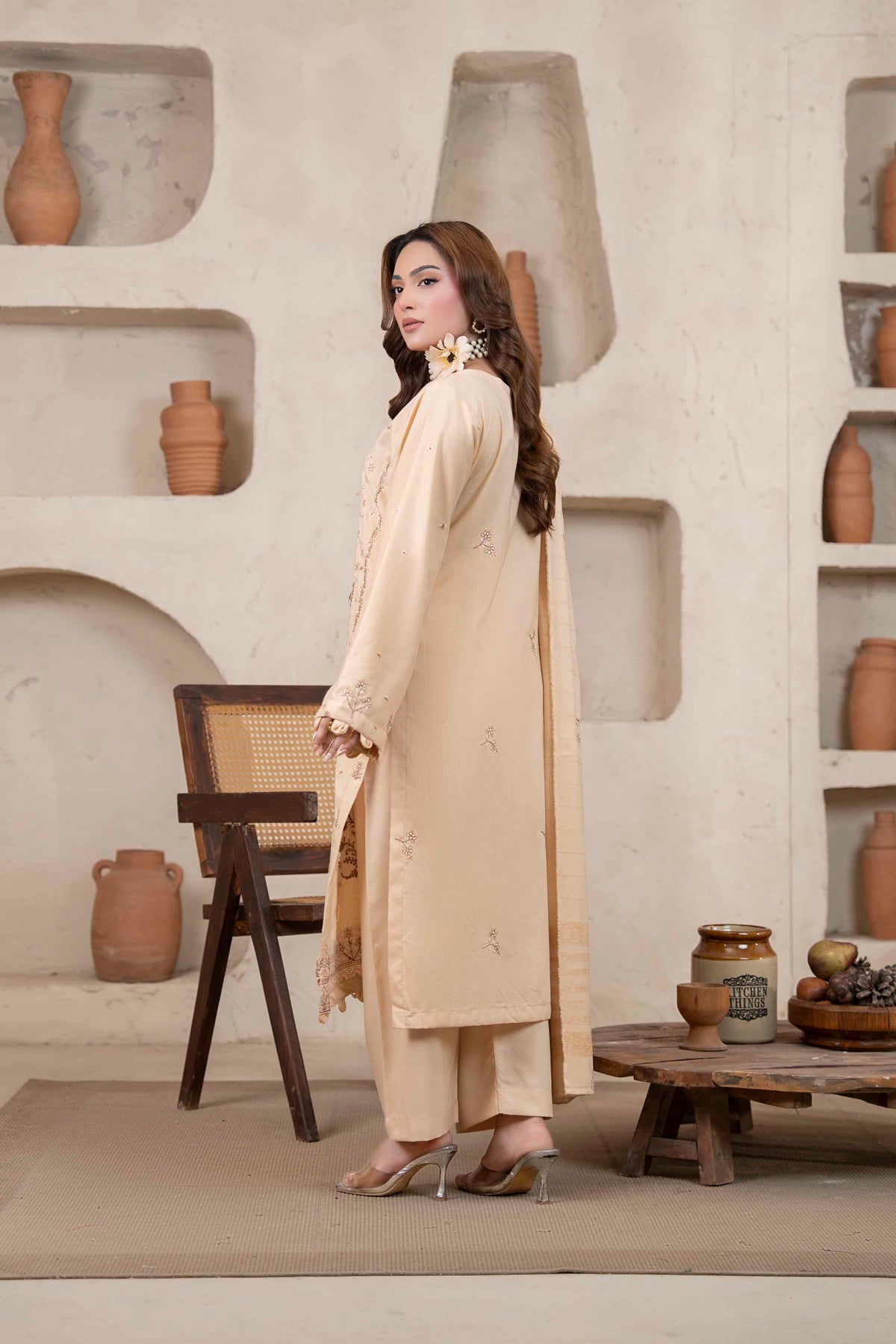 Soft Gold Luxury Dhanak Suit With Velvet Shawl 3-Piece Suit – Unstitched