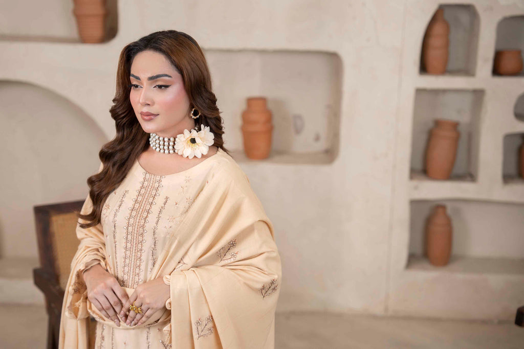 Soft Gold Luxury Dhanak Suit With Velvet Shawl 3-Piece Suit – Unstitched
