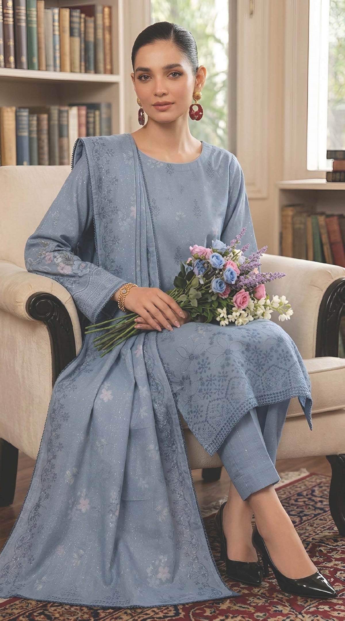 Mystic Blue Embroidered Printed Dhanak with Chamki 3-Piece Suit– Unstitched
