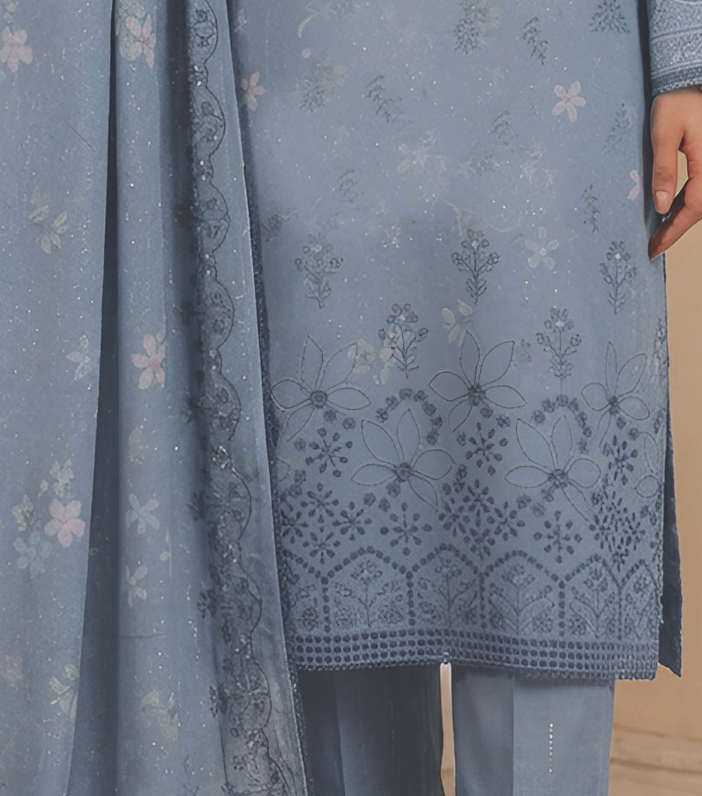 Mystic Blue Embroidered Printed Dhanak with Chamki 3-Piece Suit– Unstitched