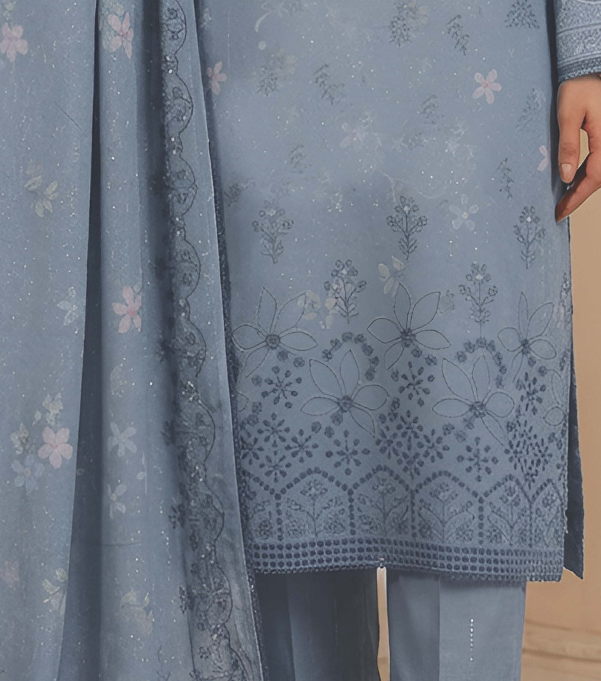 Mystic Blue Embroidered Printed Dhanak with Chamki 3-Piece Suit– Unstitched