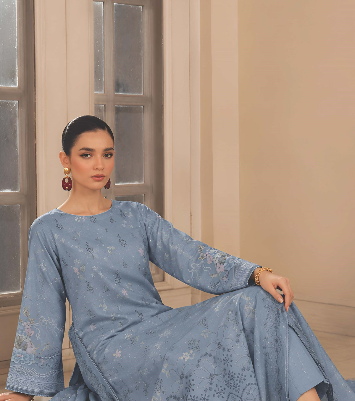Mystic Blue Embroidered Printed Dhanak with Chamki 3-Piece Suit– Unstitched