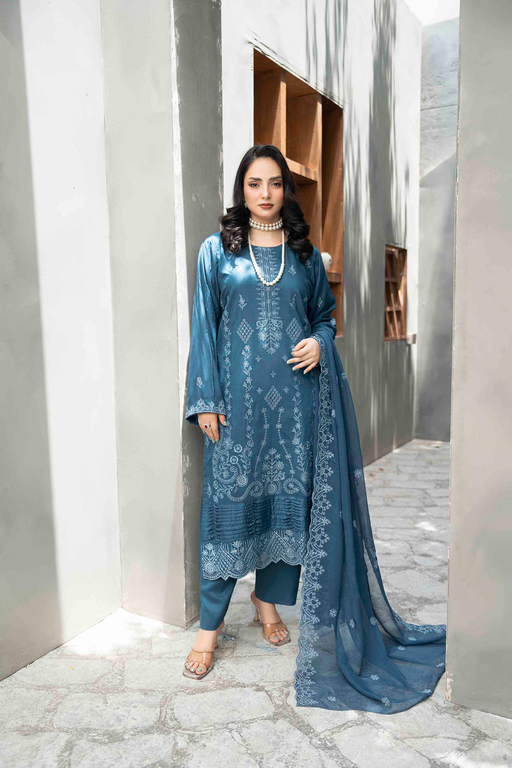 Steel Blue Slub Viscose Suit With Crinkle Dupattal 3-Piece Suit – Unstitched