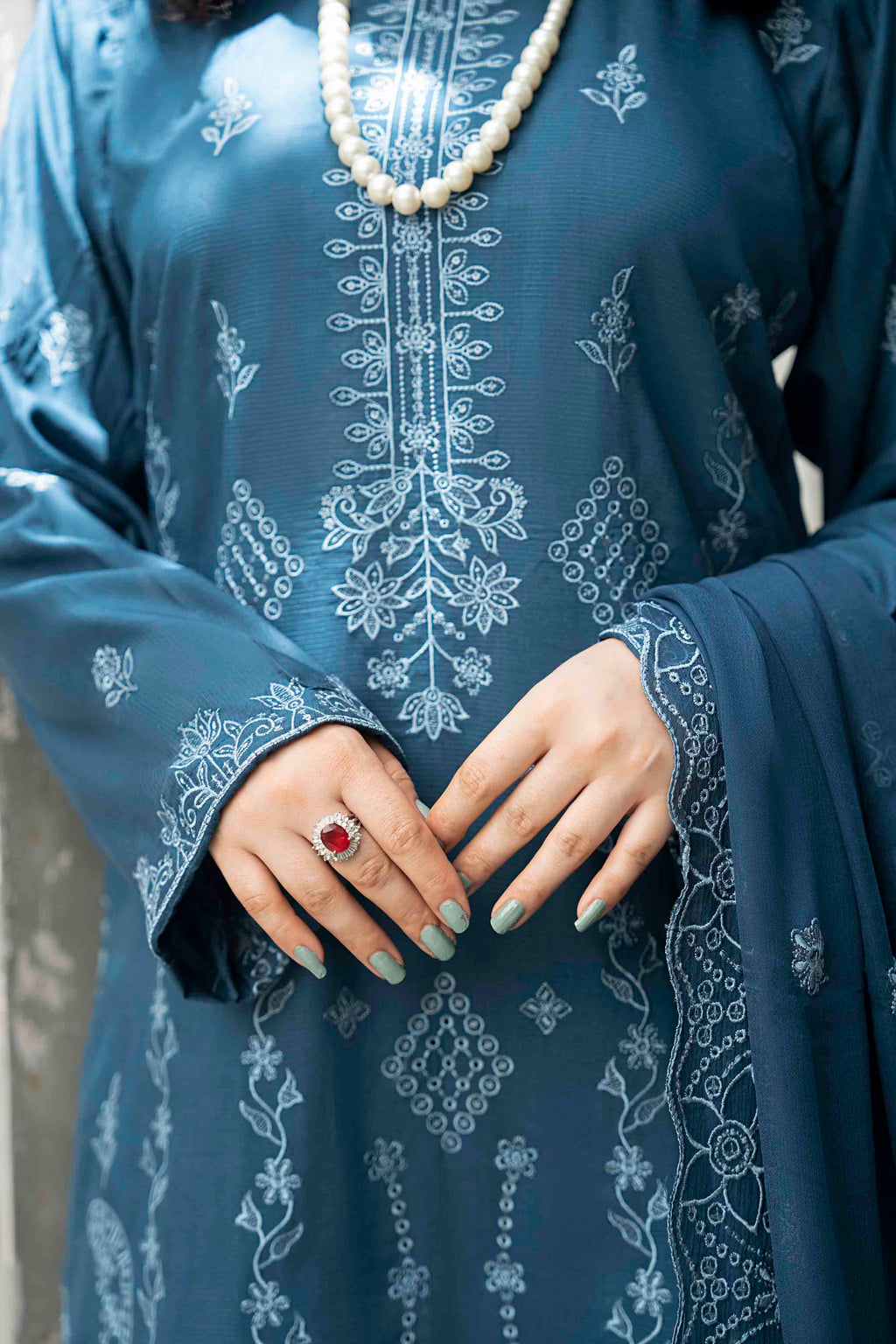 Steel Blue Slub Viscose Suit With Crinkle Dupattal 3-Piece Suit – Unstitched