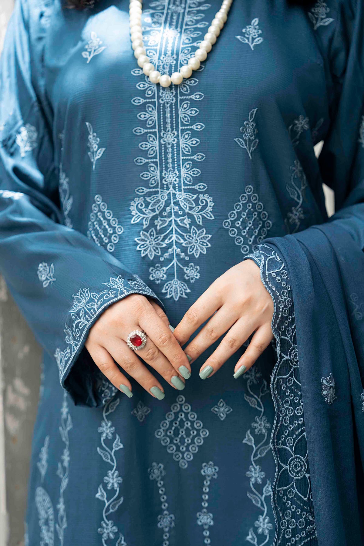 Steel Blue Slub Viscose Suit With Crinkle Dupattal 3-Piece Suit – Unstitched