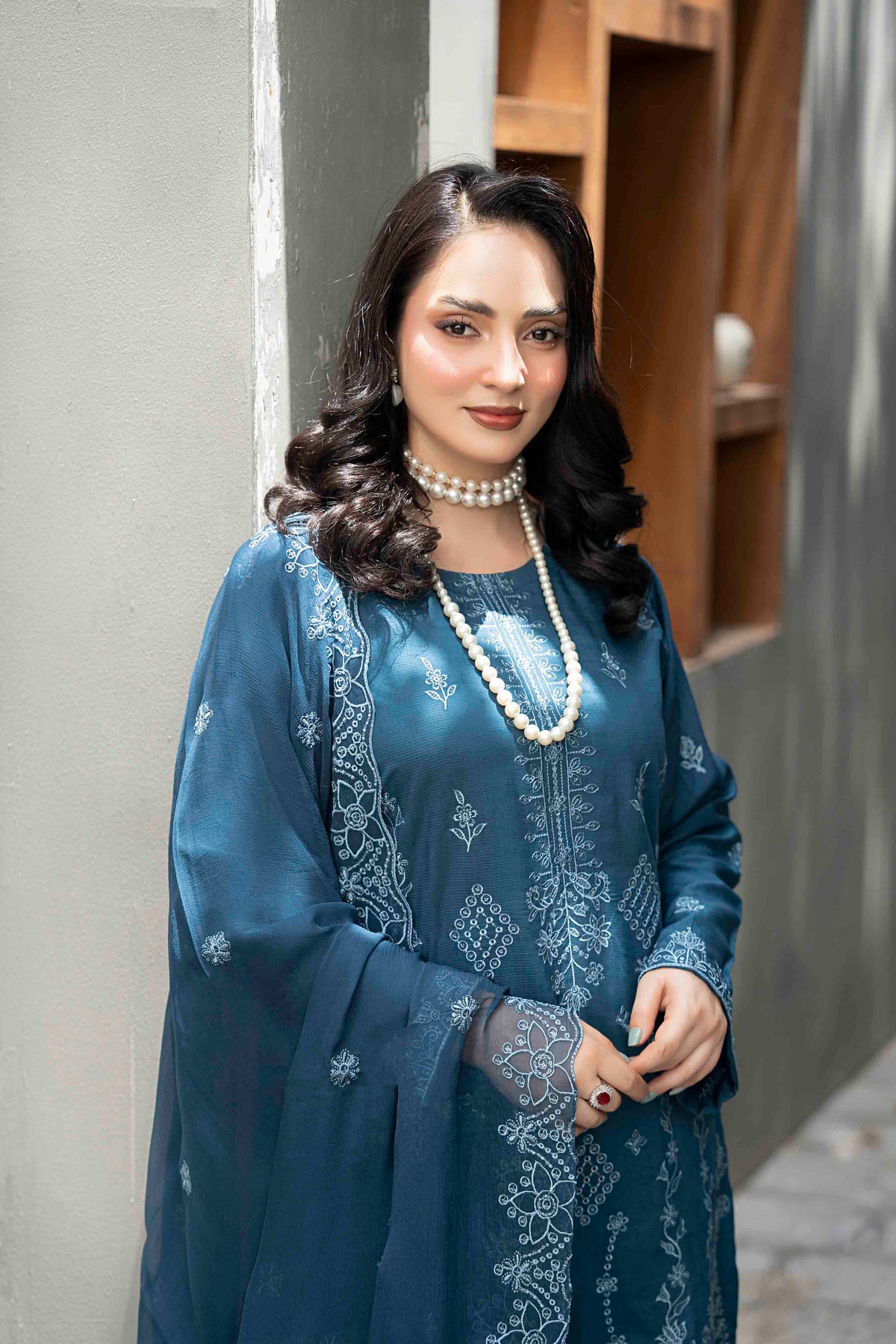 Steel Blue Slub Viscose Suit With Crinkle Dupattal 3-Piece Suit – Unstitched