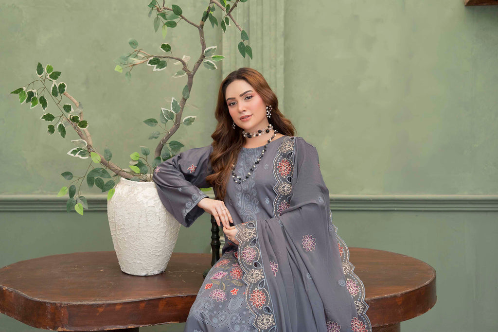 Steel Gray Embroidered Piece Suit with Crinkle Dupatta 3-Piece Suit