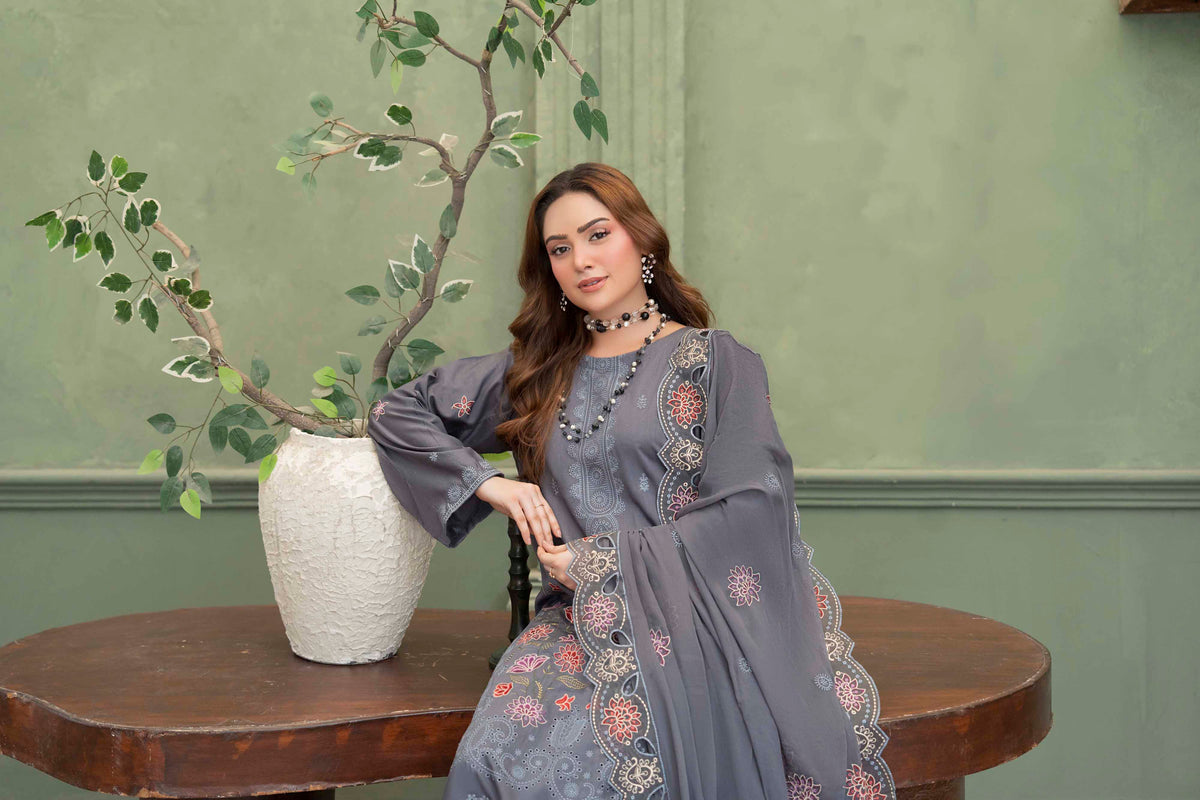 Steel Gray Embroidered Piece Suit with Crinkle Dupatta 3-Piece Suit
