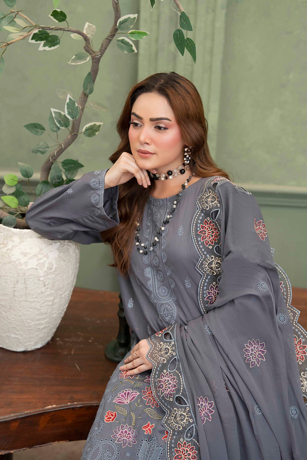Steel Gray Embroidered Piece Suit with Crinkle Dupatta 3-Piece Suit
