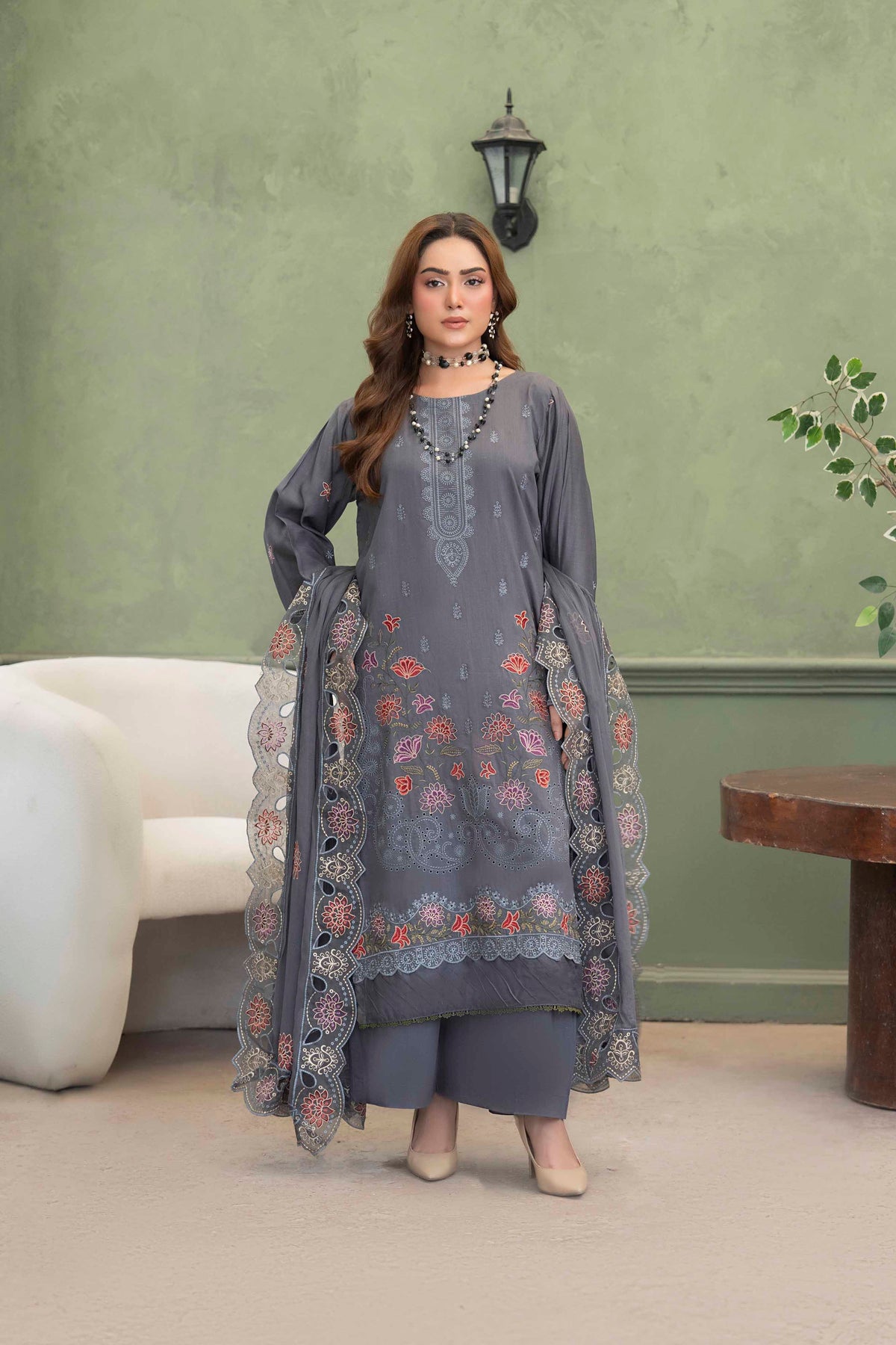 Steel Gray Embroidered Piece Suit with Crinkle Dupatta 3-Piece Suit