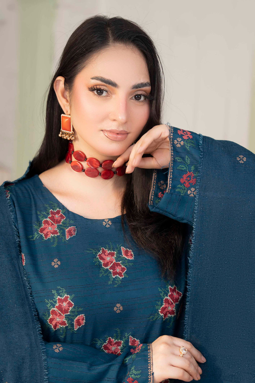 TEAL BLUE LUXURY EMBROIDERED VELVET CRYSTAL SET