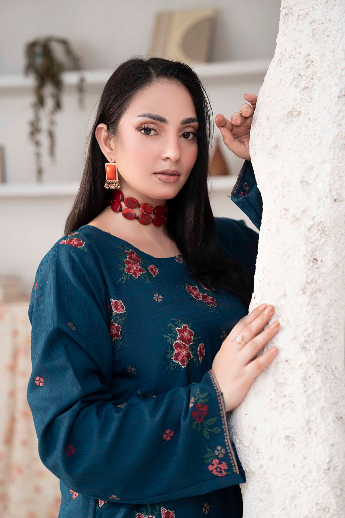 TEAL BLUE LUXURY EMBROIDERED VELVET CRYSTAL SET