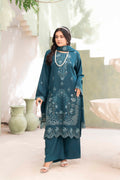 TEAL BLUE LUXURY EMBROIDERED VELVET STRIPE CHAMKI SET