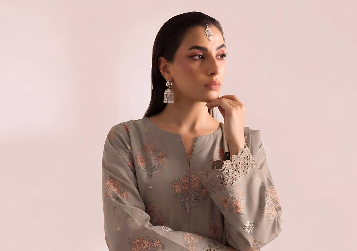 Taupe Embroidered Karandi 3-Piece Suit – Unstitched