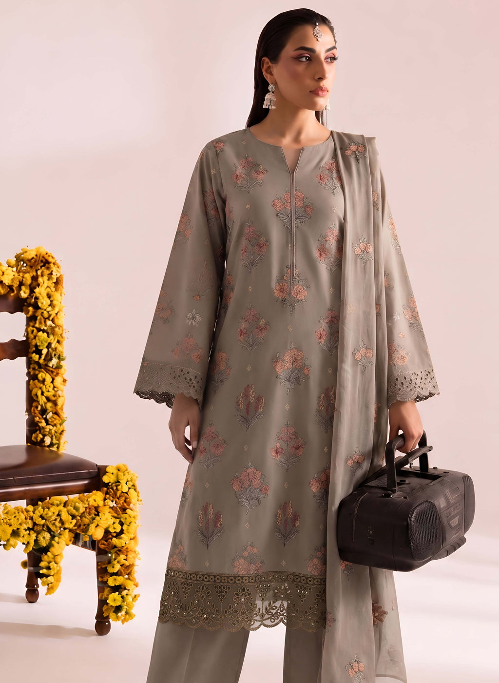 Taupe Embroidered Karandi 3-Piece Suit – Unstitched