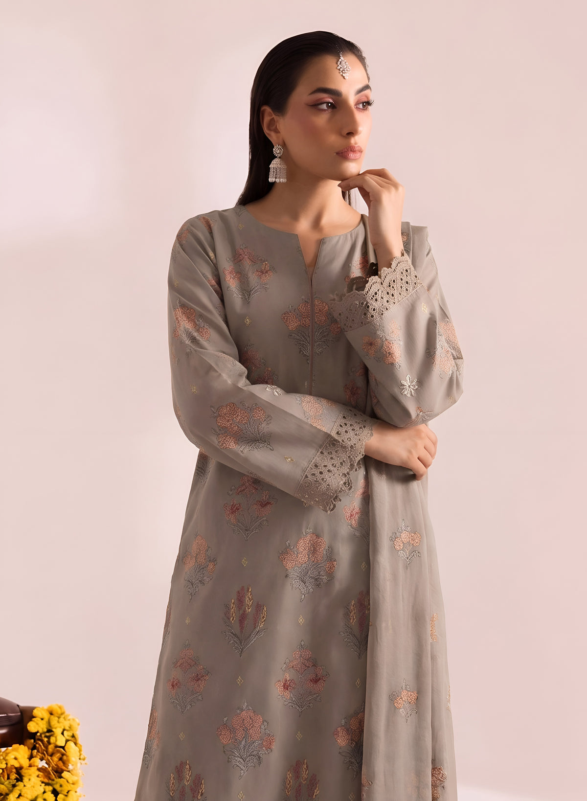 Taupe Embroidered Karandi 3-Piece Suit – Unstitched