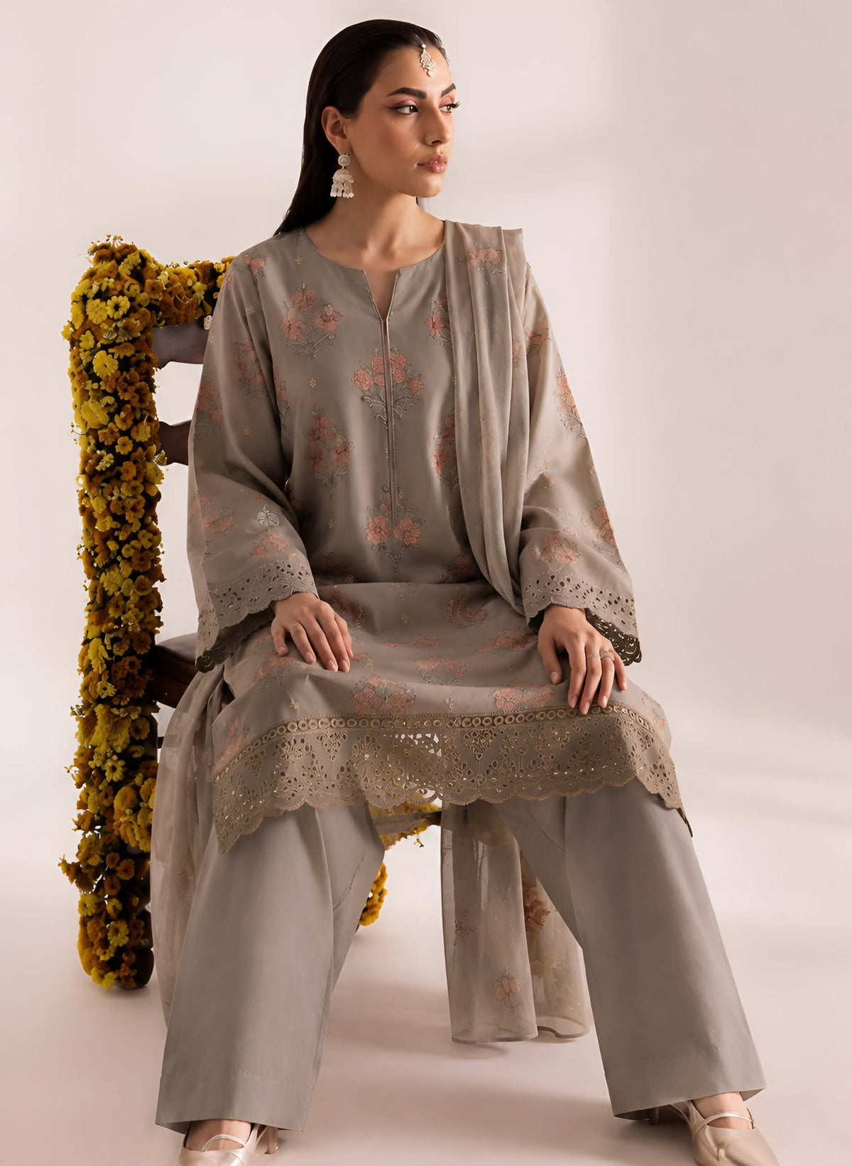 Taupe Embroidered Karandi 3-Piece Suit – Unstitched