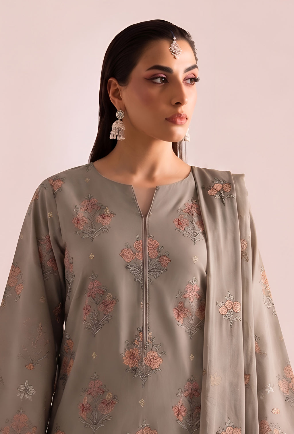 Taupe Embroidered Karandi 3-Piece Suit – Unstitched