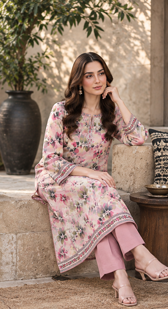 Tea Pink Unstitched Printed Lawn 2-Piece Suit
