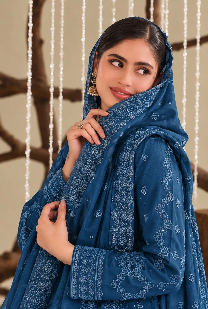 Teal Blue Embroidered Dhanak Chicken Kari 3-Piece Suit – Unstitched