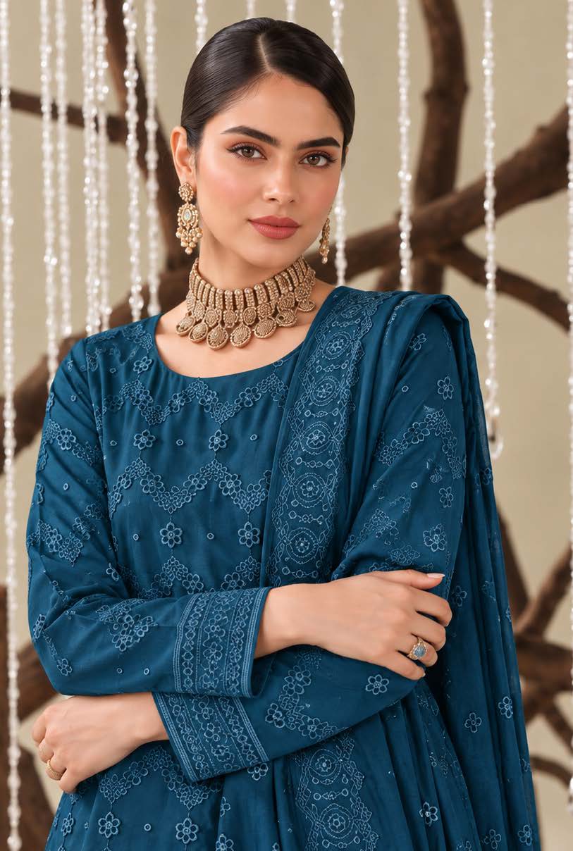 Teal Blue Embroidered Dhanak Chicken Kari 3-Piece Suit – Unstitched