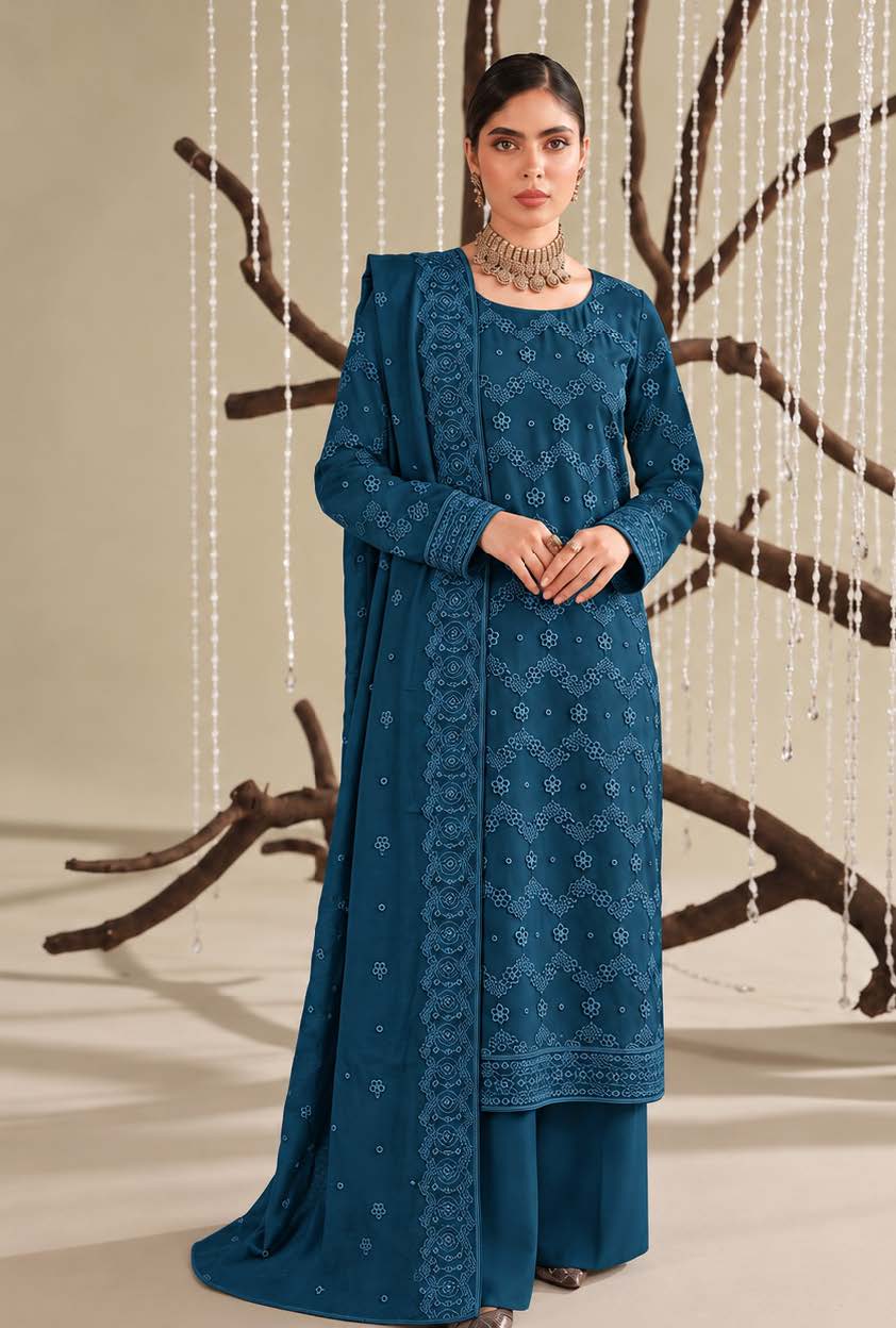 Teal Blue Embroidered Dhanak Chicken Kari 3-Piece Suit – Unstitched
