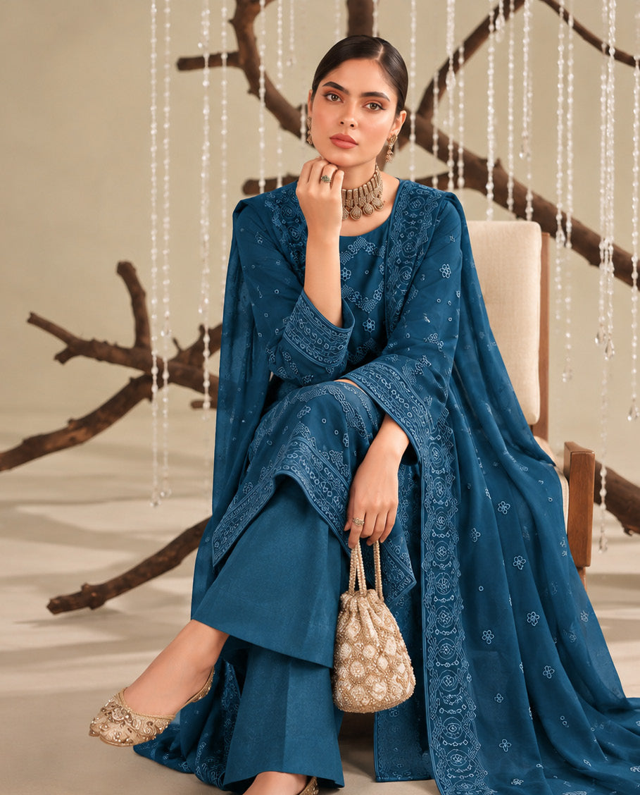 Teal Blue Embroidered Dhanak Chicken Kari 3-Piece Suit – Unstitched