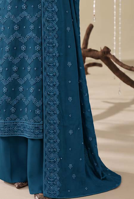 Teal Blue Embroidered Dhanak Chicken Kari 3-Piece Suit – Unstitched